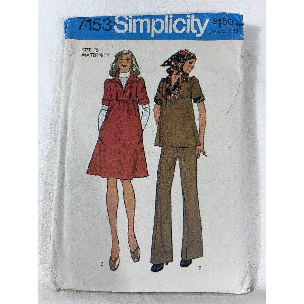 Vintage 1970s Simplicity 7153 Maternity Dress Top Pants Pattern Sz 12 CUT